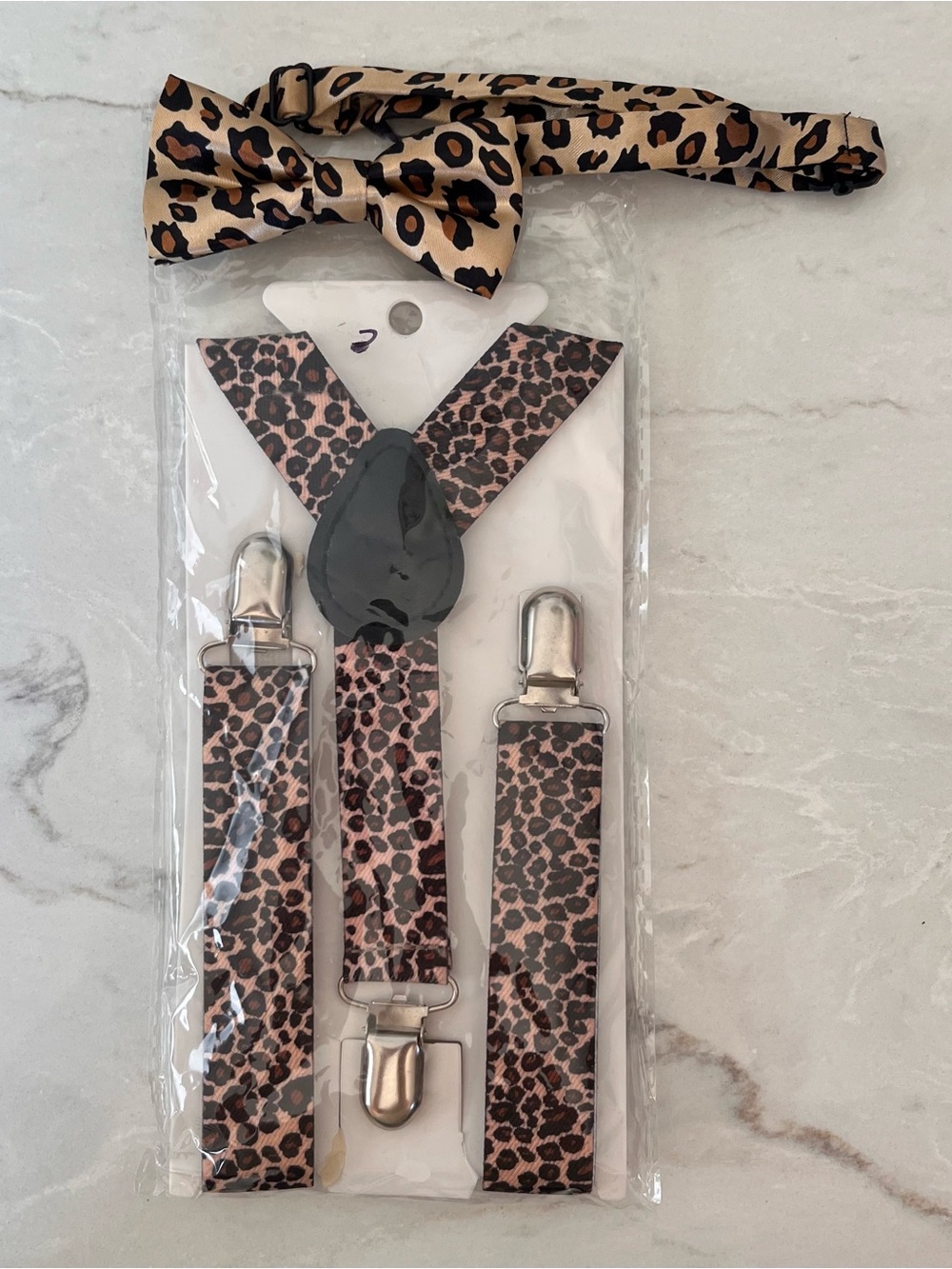Kids Leopard Print Suspenders and Bow Tie Set - Beige/Brown